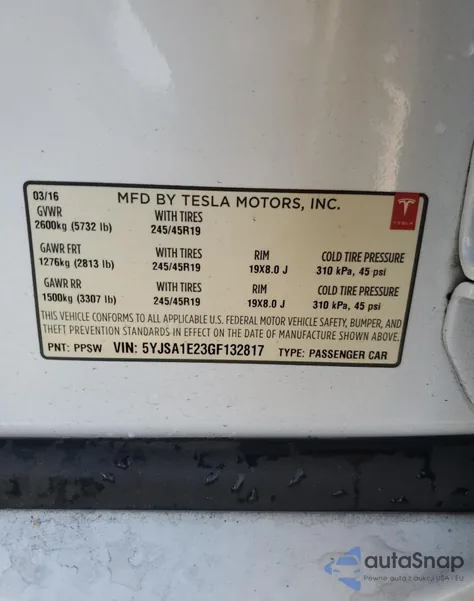 2016 Tesla Model S из США, поврежденный, VIN 5YJSA1E23GF132817